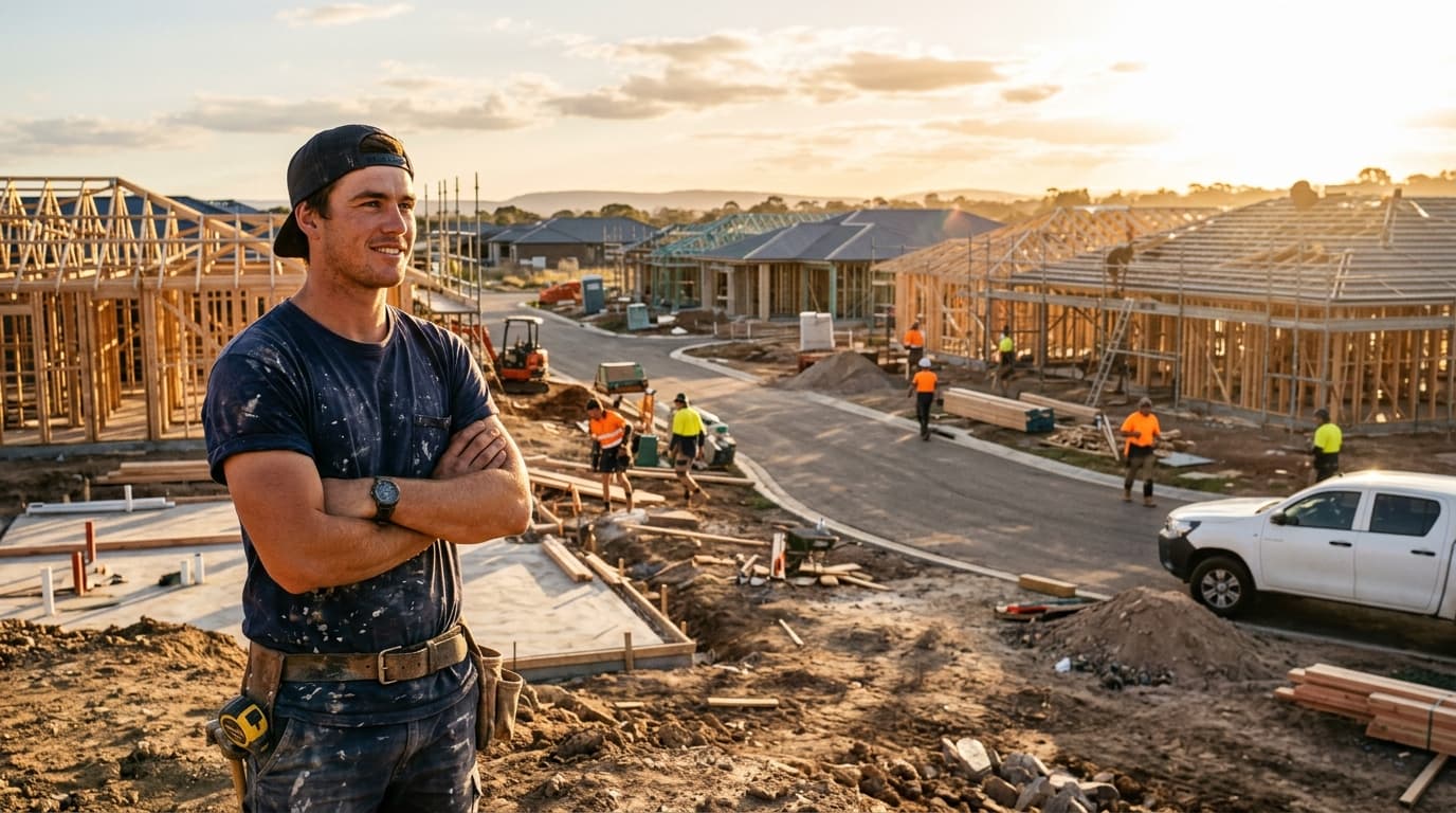 Young Australian tradie standing confidently on a residential construction site at golden hour in Adelaide