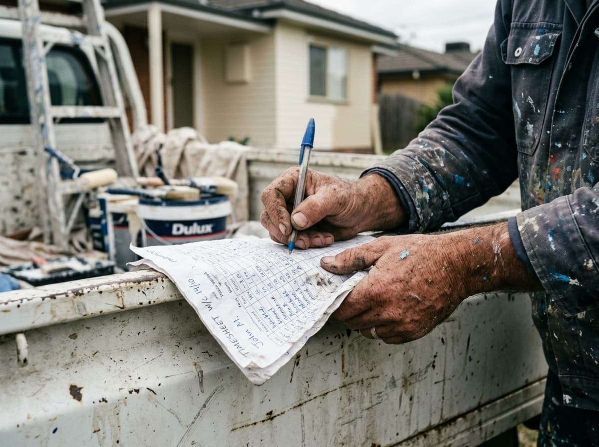 Painter's paint-covered hands filling out a crumpled paper timesheet on the tailgate of a work ute