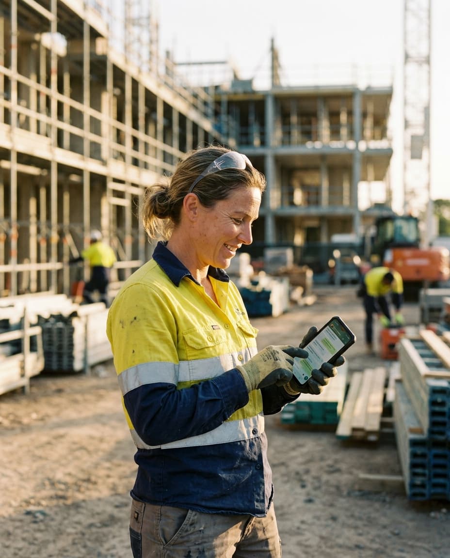 Australian tradesperson on a construction site smiling while using a smartphone to contact support