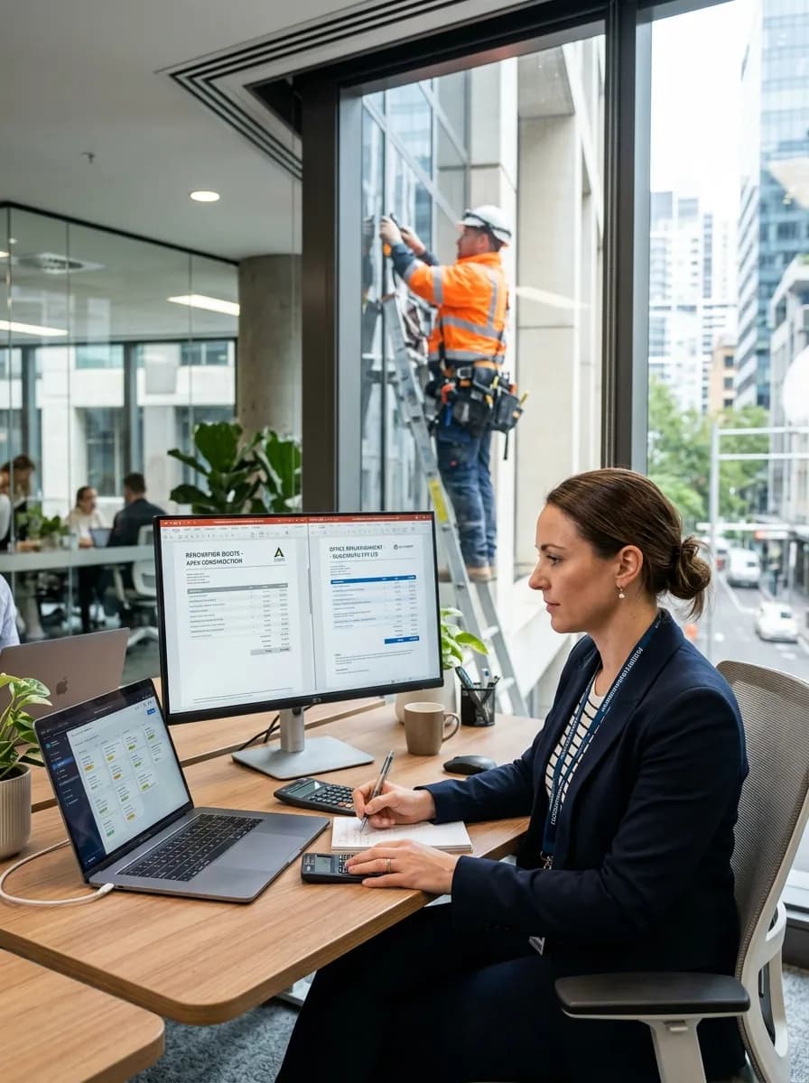 Office facilities manager comparing contractor quotes on a monitor with a maintenance worker visible through the window