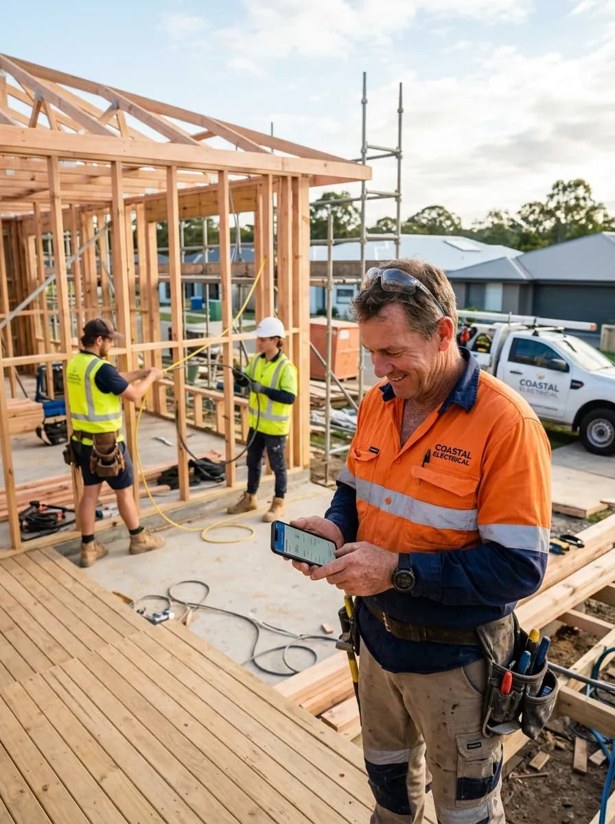 Australian electrical subcontractor checking a timesheet app on his phone while crew members work on a residential build