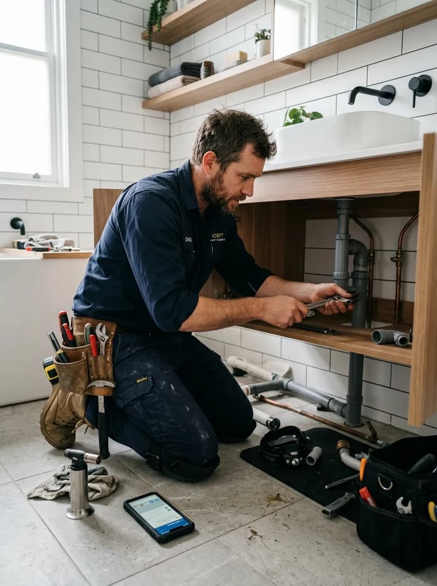 Australian sole trader plumber working under a bathroom vanity with a smartphone showing a job notification nearby