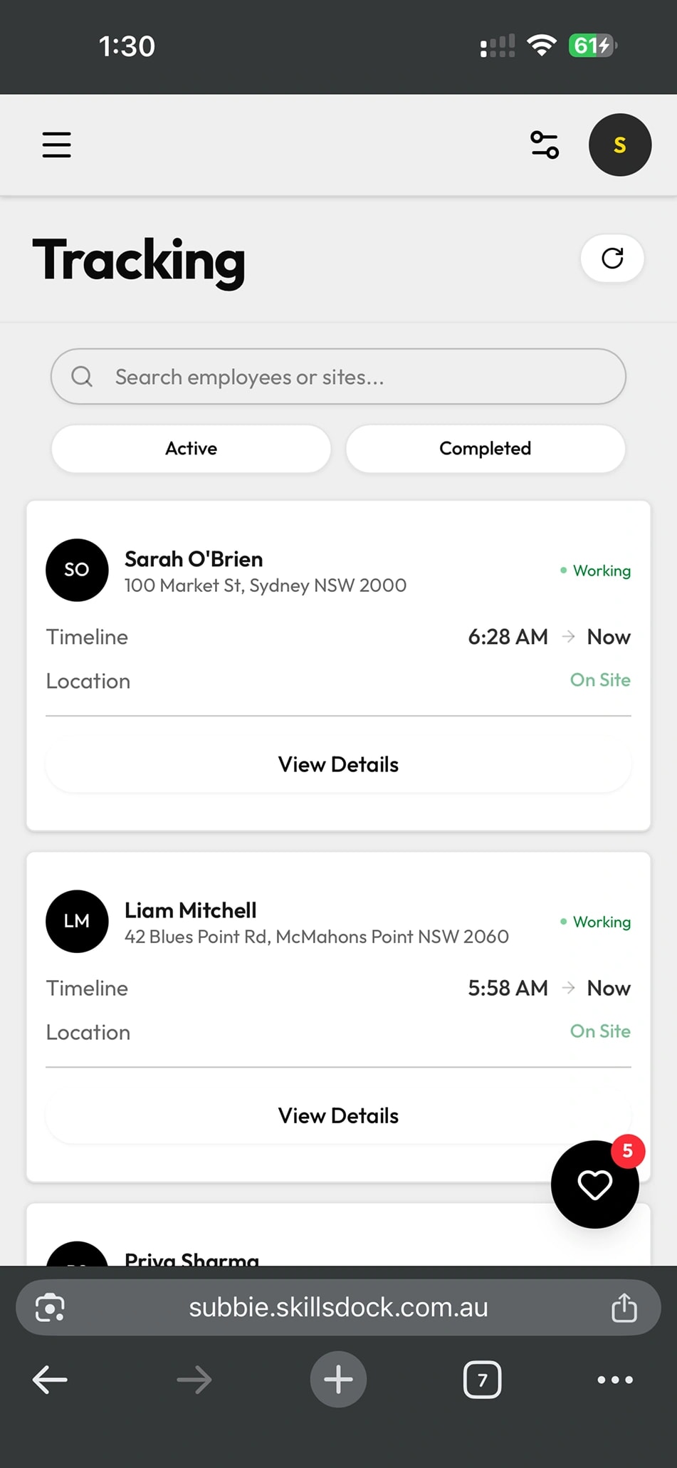 SkillsDock Tracking — live employee sessions